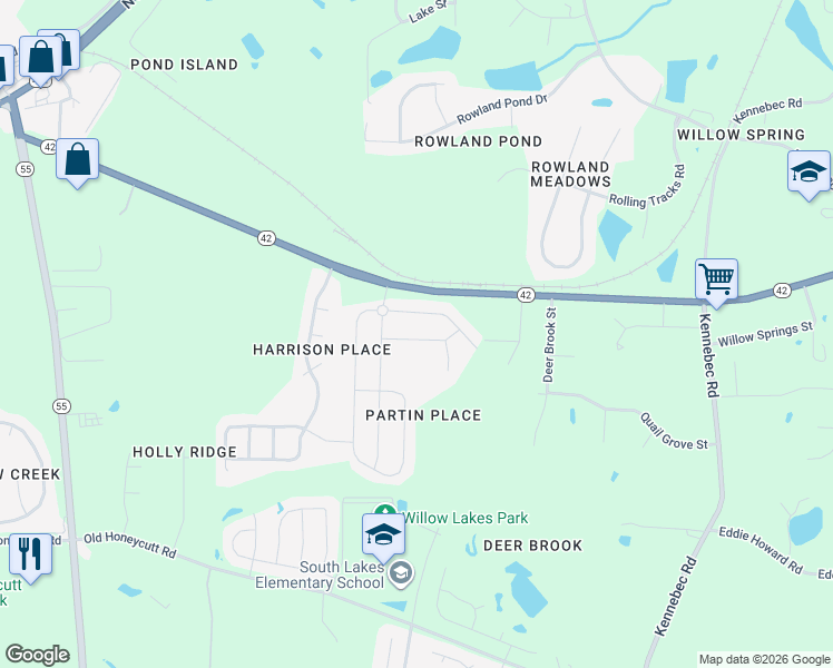 map of restaurants, bars, coffee shops, grocery stores, and more near 3321 Sandy Meadow Drive in Fuquay-Varina