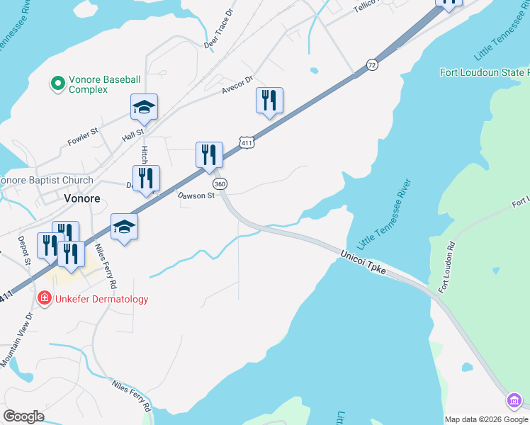 map of restaurants, bars, coffee shops, grocery stores, and more near 307 Tennessee 360 in Vonore