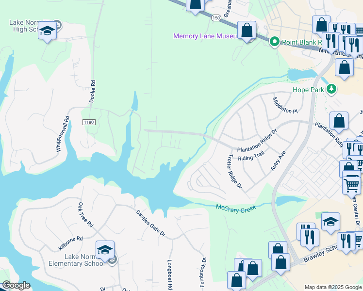 map of restaurants, bars, coffee shops, grocery stores, and more near 104 Burlingame Court in Mooresville
