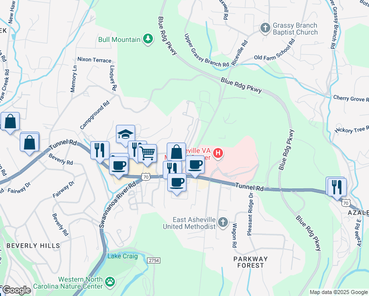 map of restaurants, bars, coffee shops, grocery stores, and more near 106 La Mancha Drive in Asheville