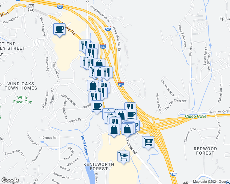 map of restaurants, bars, coffee shops, grocery stores, and more near 180 U.S. 74 Alternate in Asheville