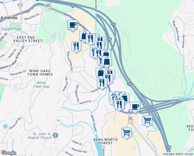 map of restaurants, bars, coffee shops, grocery stores, and more near 444 Beaucatcher Road in Asheville