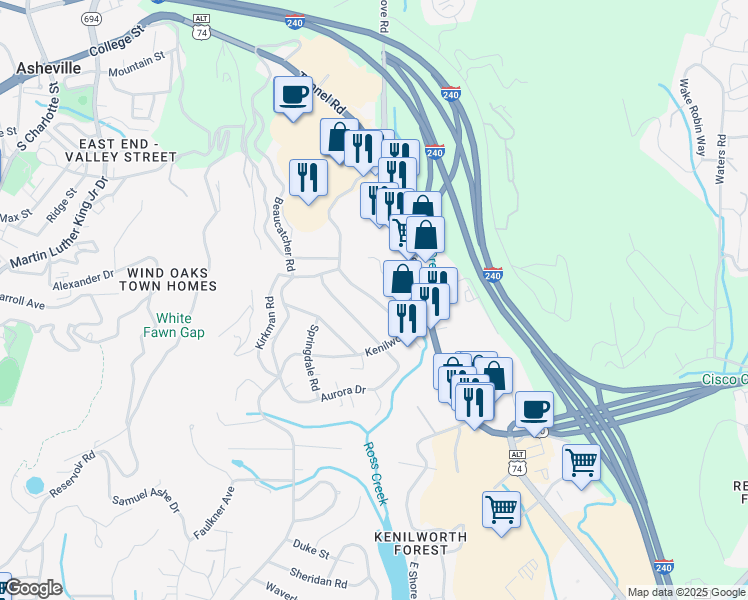 map of restaurants, bars, coffee shops, grocery stores, and more near 444 Beaucatcher Road in Asheville