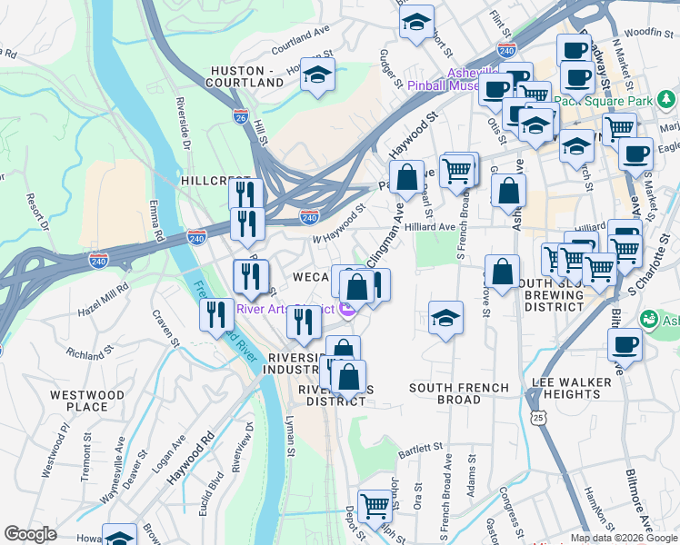 map of restaurants, bars, coffee shops, grocery stores, and more near 38 Jefferson Drive in Asheville