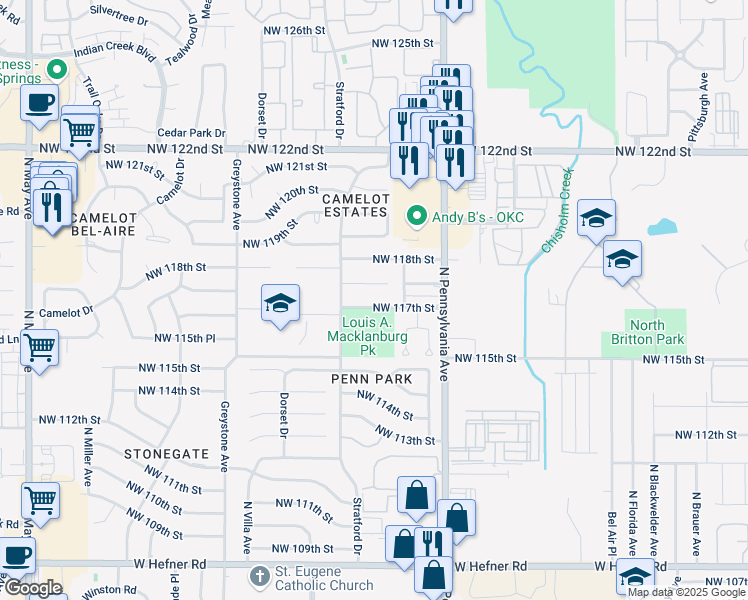 map of restaurants, bars, coffee shops, grocery stores, and more near 2221 Northwest 117th Street in Oklahoma City