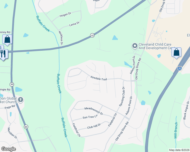 map of restaurants, bars, coffee shops, grocery stores, and more near 353 Airedale Trail in Garner