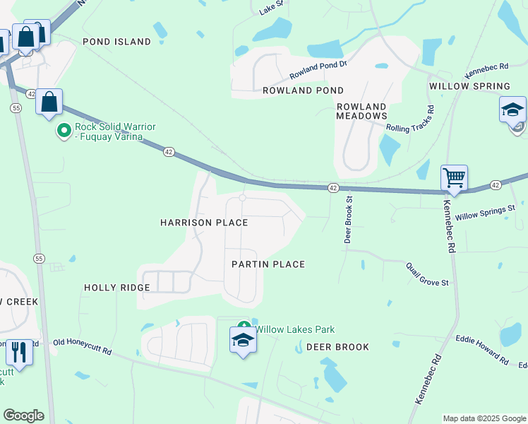 map of restaurants, bars, coffee shops, grocery stores, and more near 3321 Sandy Meadow Drive in Fuquay-Varina