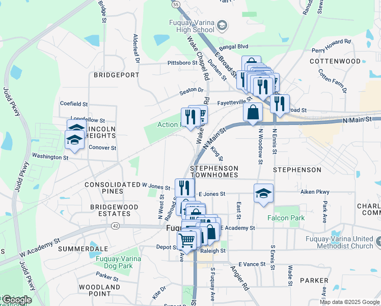map of restaurants, bars, coffee shops, grocery stores, and more near 315 Railroad Street in Fuquay Varina