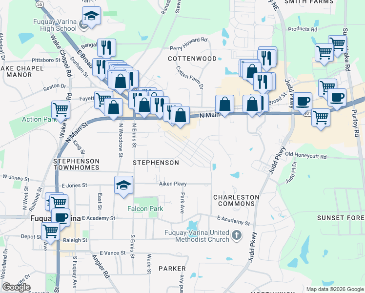 map of restaurants, bars, coffee shops, grocery stores, and more near 709 Oak Street in Fuquay-Varina