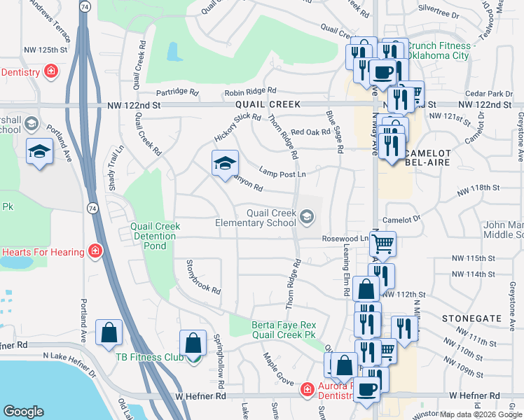 map of restaurants, bars, coffee shops, grocery stores, and more near 3125 Birch Bark Lane in Oklahoma City