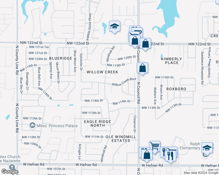 map of restaurants, bars, coffee shops, grocery stores, and more near 11625 Kings Circle in Oklahoma City