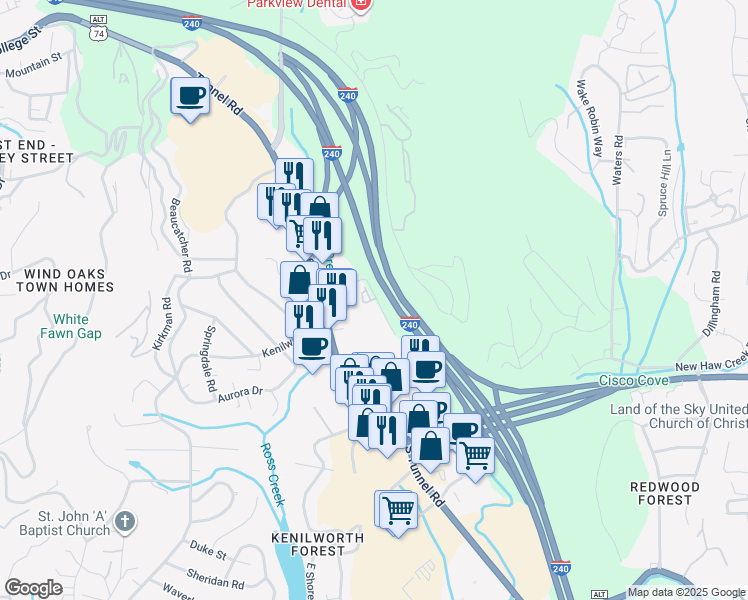 map of restaurants, bars, coffee shops, grocery stores, and more near 9 Kenilworth Knolls in Asheville