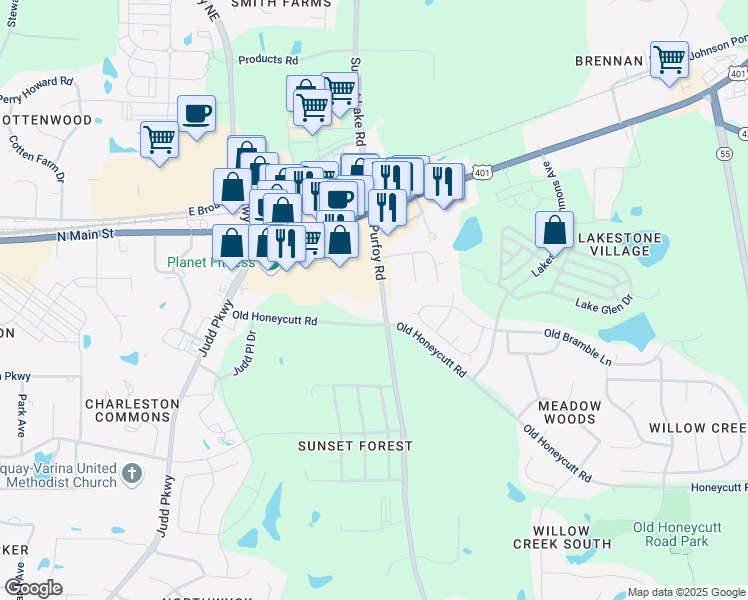 map of restaurants, bars, coffee shops, grocery stores, and more near 7620 Purfoy Road in Fuquay-Varina