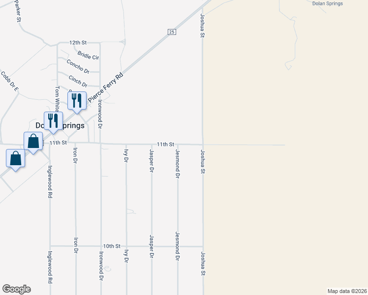 map of restaurants, bars, coffee shops, grocery stores, and more near 15980 Jesmond Drive in Dolan Springs