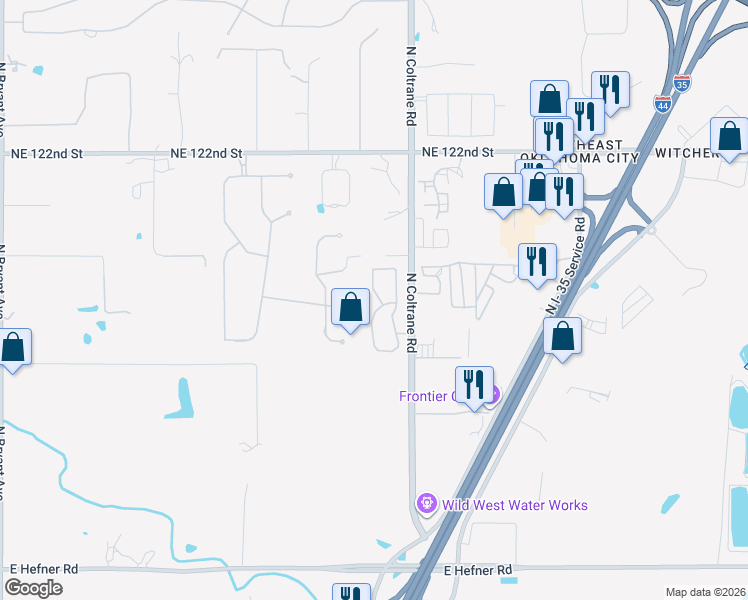 map of restaurants, bars, coffee shops, grocery stores, and more near 11812 Kaite Cove in Oklahoma City