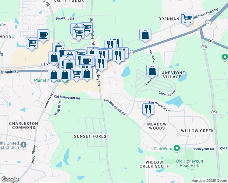 map of restaurants, bars, coffee shops, grocery stores, and more near 1337 Old Bramble Lane in Fuquay-Varina