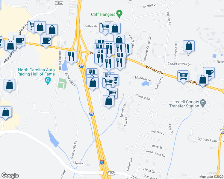 map of restaurants, bars, coffee shops, grocery stores, and more near 169 Norman Station Boulevard in Mooresville