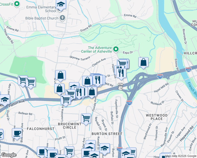 map of restaurants, bars, coffee shops, grocery stores, and more near 240 Hazel Mill Road in Asheville