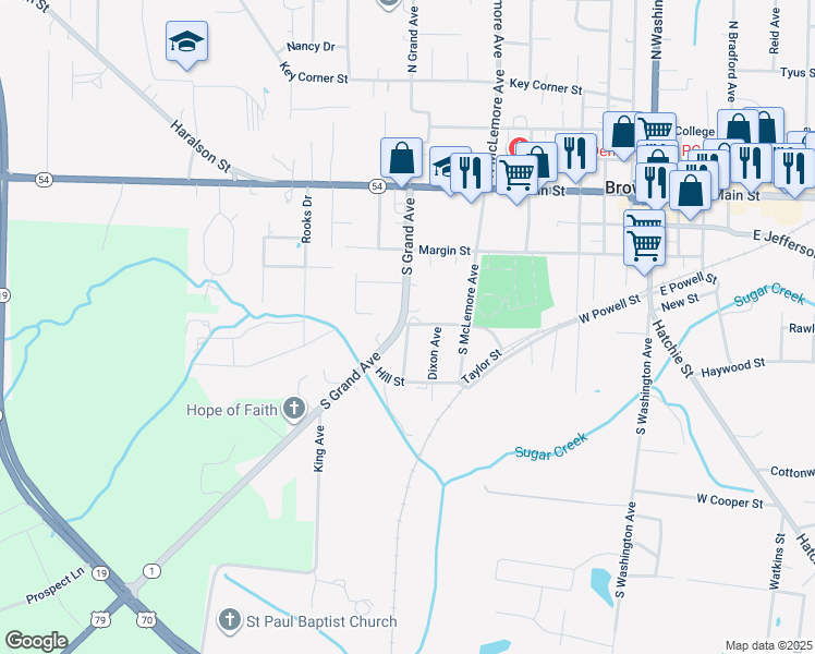 map of restaurants, bars, coffee shops, grocery stores, and more near 514 South Grand Avenue in Brownsville