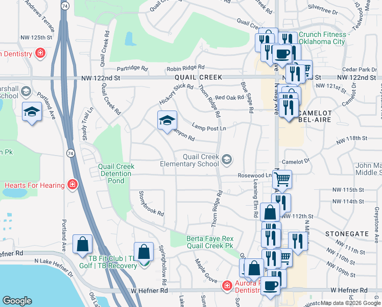 map of restaurants, bars, coffee shops, grocery stores, and more near 3157 Birch Bark Lane in Oklahoma City