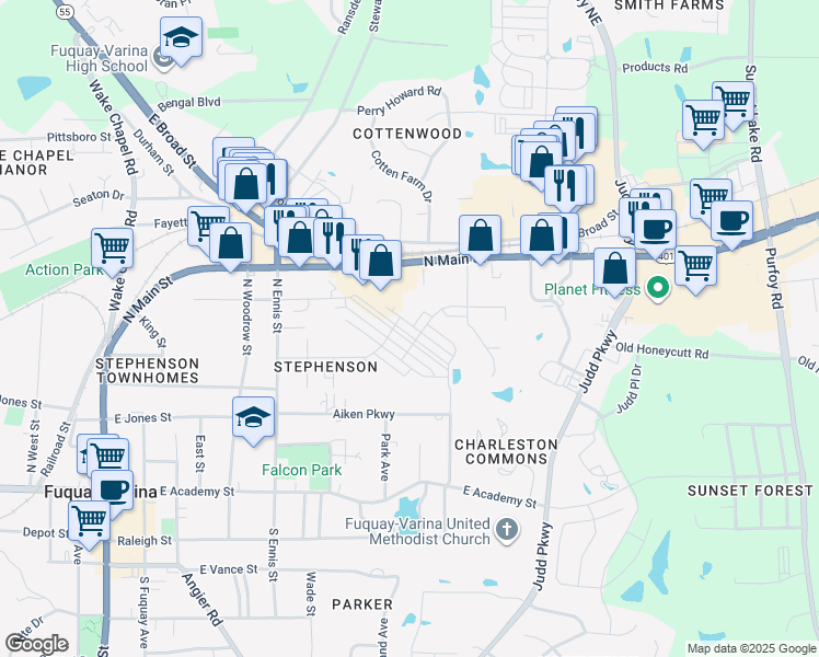 map of restaurants, bars, coffee shops, grocery stores, and more near 910 North Main Street in Fuquay-Varina