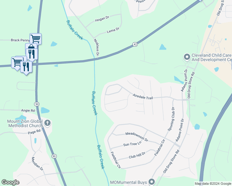 map of restaurants, bars, coffee shops, grocery stores, and more near 55 Awesome Ridge in Garner