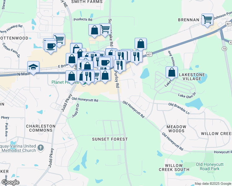 map of restaurants, bars, coffee shops, grocery stores, and more near 7620 Purfoy Road in Fuquay-Varina