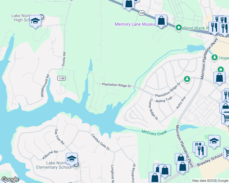 map of restaurants, bars, coffee shops, grocery stores, and more near 117 Portola Valley Drive in Mooresville
