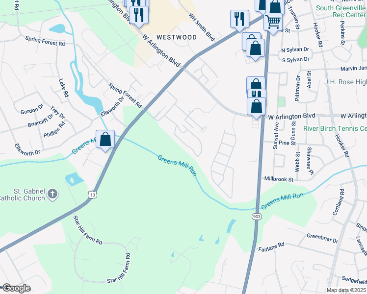 map of restaurants, bars, coffee shops, grocery stores, and more near 1245 Cross Creek Circle in Greenville