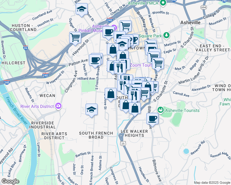 map of restaurants, bars, coffee shops, grocery stores, and more near Asheland Avenue in Asheville