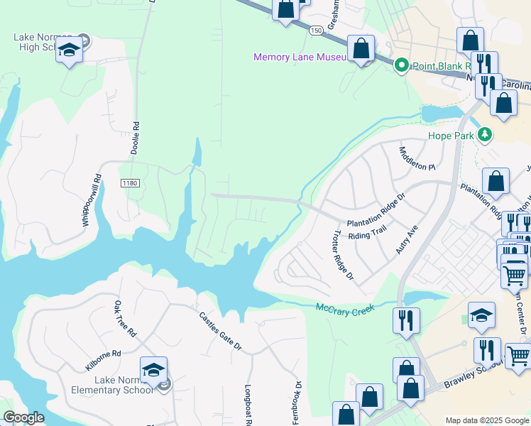 map of restaurants, bars, coffee shops, grocery stores, and more near 104 Burlingame Court in Mooresville