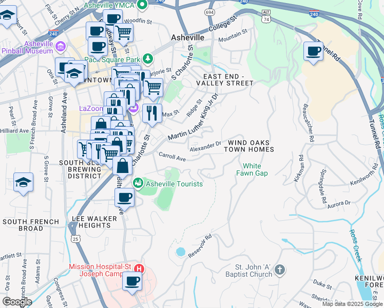 map of restaurants, bars, coffee shops, grocery stores, and more near 147 Carroll Avenue in Asheville