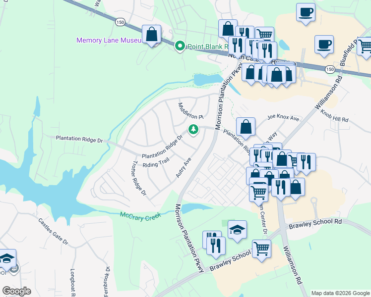 map of restaurants, bars, coffee shops, grocery stores, and more near 135 Autry Avenue in Mooresville