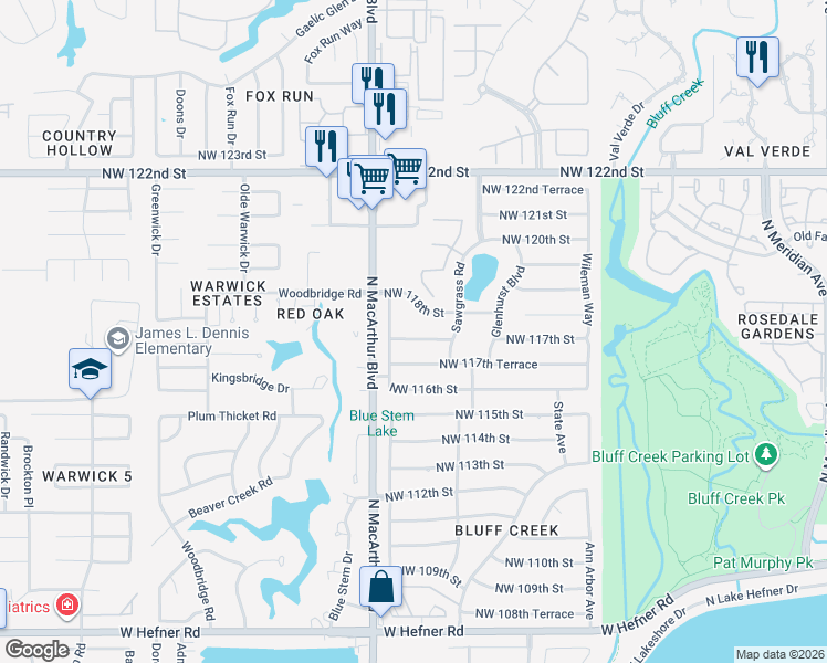 map of restaurants, bars, coffee shops, grocery stores, and more near 5701 Northwest 117th Terrace in Oklahoma City