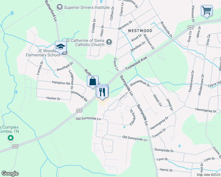 map of restaurants, bars, coffee shops, grocery stores, and more near 5002 Lady Diana Drive in Columbia