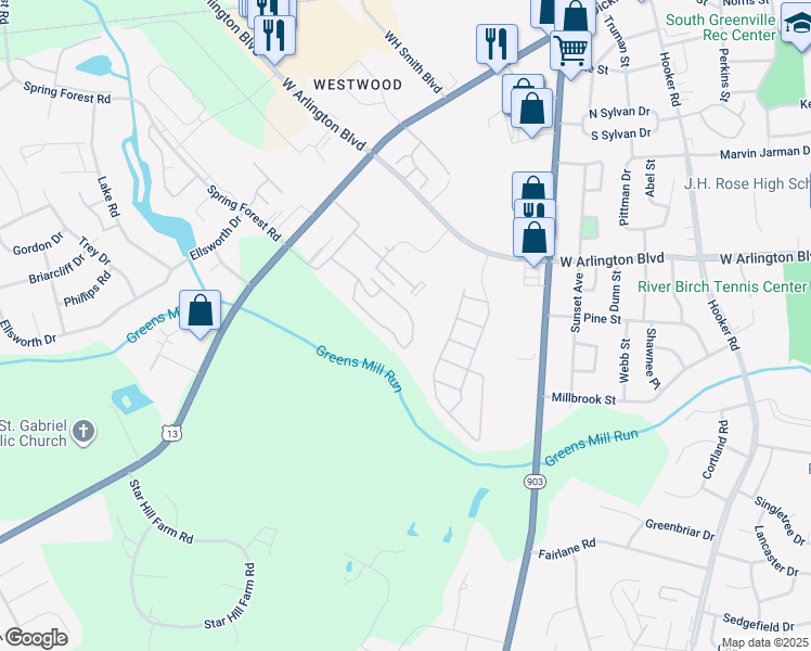 map of restaurants, bars, coffee shops, grocery stores, and more near 1228 Cross Creek Circle in Greenville
