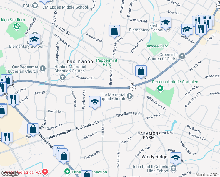 map of restaurants, bars, coffee shops, grocery stores, and more near 1426 U.S. 264 Alternate East in Greenville