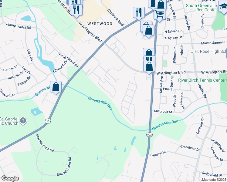 map of restaurants, bars, coffee shops, grocery stores, and more near 1228 Cross Creek Circle in Greenville
