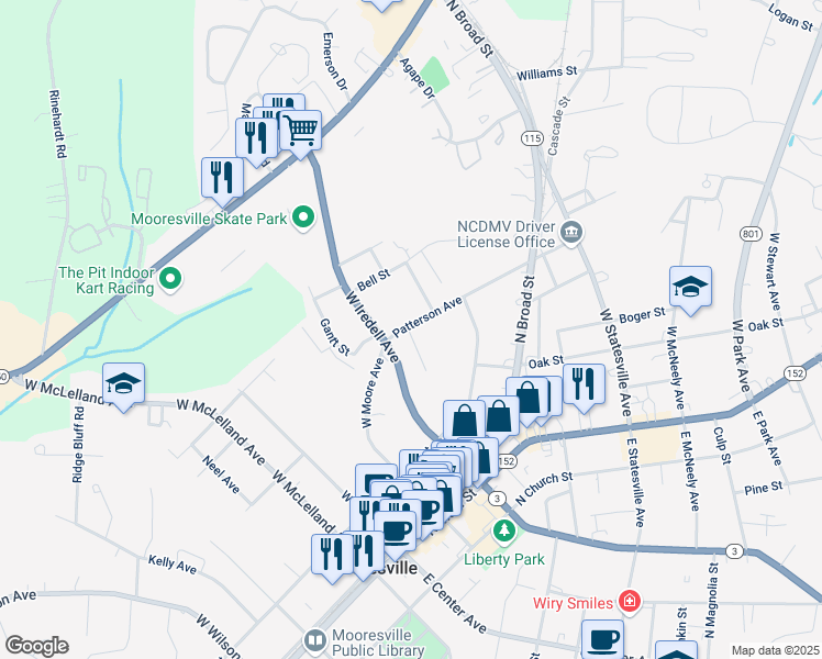 map of restaurants, bars, coffee shops, grocery stores, and more near 325 Patterson Avenue in Mooresville