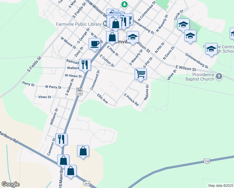 map of restaurants, bars, coffee shops, grocery stores, and more near 3511 Harper Court in Farmville