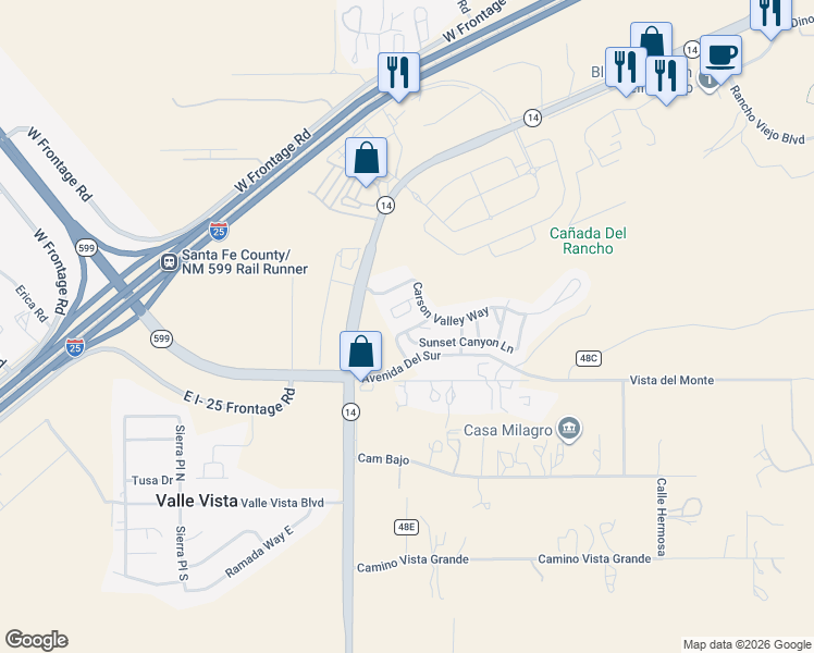 map of restaurants, bars, coffee shops, grocery stores, and more near 6 Sunset Canyon Lane in Santa Fe