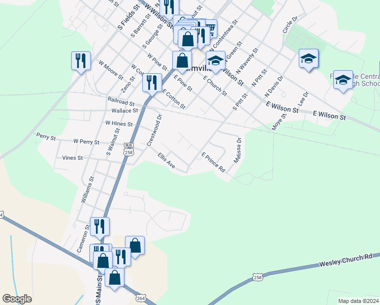 map of restaurants, bars, coffee shops, grocery stores, and more near 3511 Harper Court in Farmville