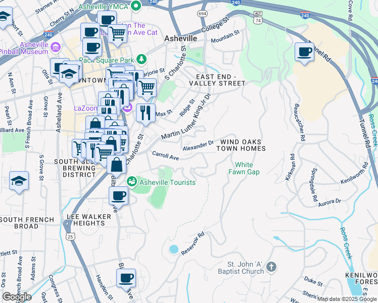 map of restaurants, bars, coffee shops, grocery stores, and more near 300 South Skyloft Drive in Asheville