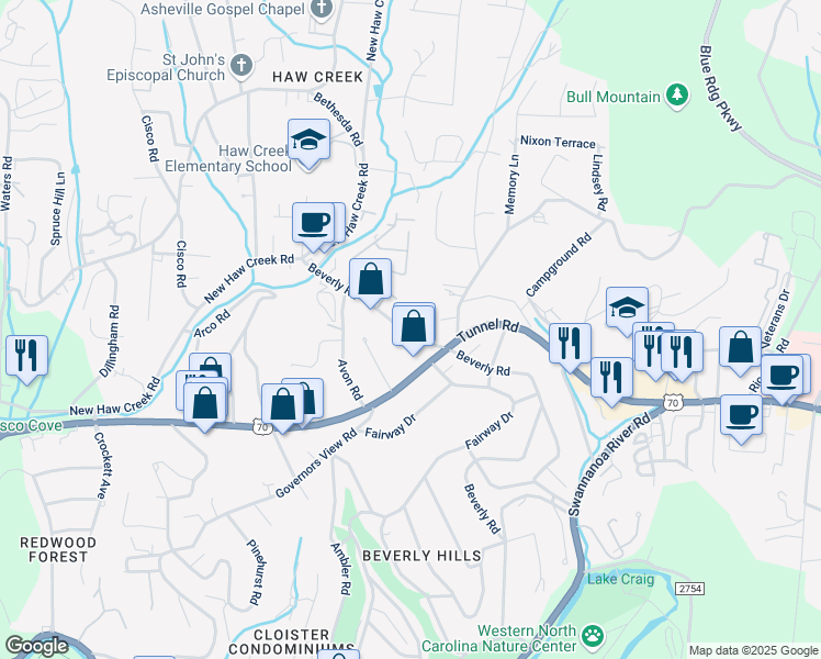 map of restaurants, bars, coffee shops, grocery stores, and more near 78 Beverly Road in Asheville