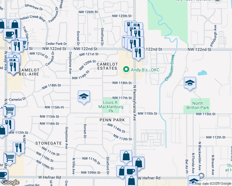map of restaurants, bars, coffee shops, grocery stores, and more near 2208 Northwest 118th Terrace in Oklahoma City