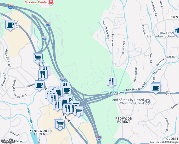 map of restaurants, bars, coffee shops, grocery stores, and more near 13 Stonebridge Drive in Asheville
