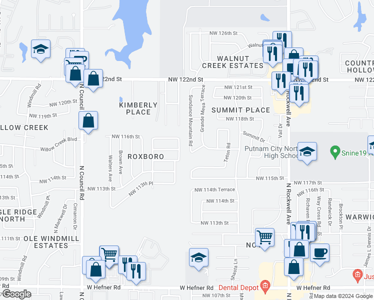 map of restaurants, bars, coffee shops, grocery stores, and more near 11705 Sundance Mountain Road in Oklahoma City