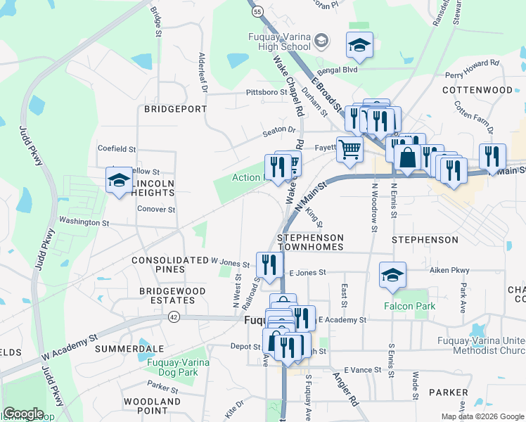map of restaurants, bars, coffee shops, grocery stores, and more near 211 Railroad Street in Fuquay-Varina