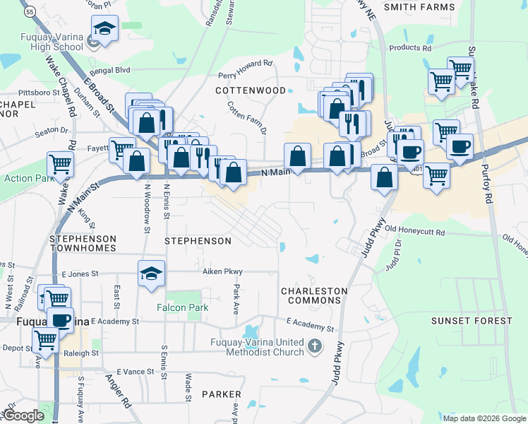 map of restaurants, bars, coffee shops, grocery stores, and more near 910 North Main Street in Fuquay-Varina