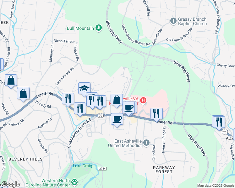 map of restaurants, bars, coffee shops, grocery stores, and more near 116 La Mancha Drive in Asheville